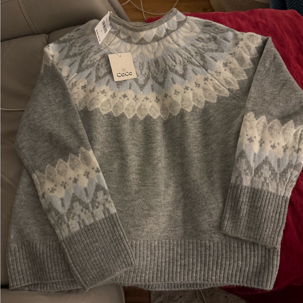 CeCe Soft Gray and White Sweater